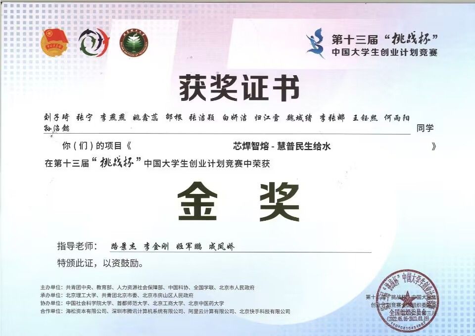 第十三届”挑战杯“中国老员工创业计划竞赛金奖